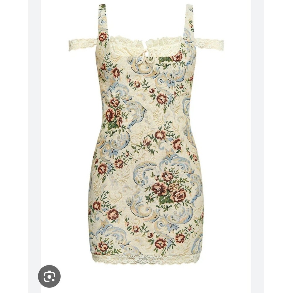 Beginning Boutique Daydreaming Beige Tapestry Mini Dress Floral Lace Trim SZ 14